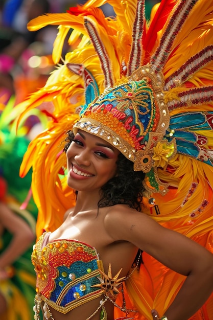 Foto heldergele kleuren in een carnavalskostume