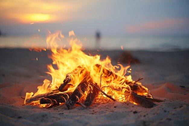 Foto heldergele vuur op grijs zand.