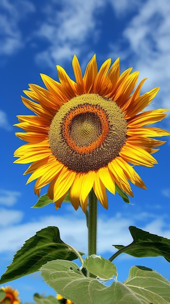 Heldergele zonnebloem in volle bloei tegen een blauwe hemel