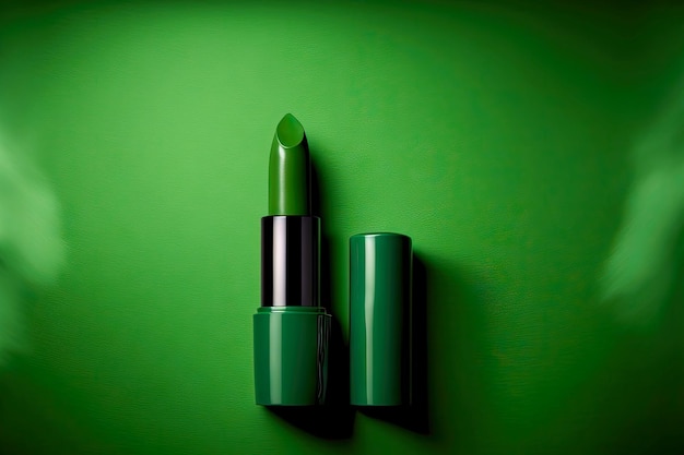 Foto heldergroene lippenstift op groene achtergrondlippenstiftmonster