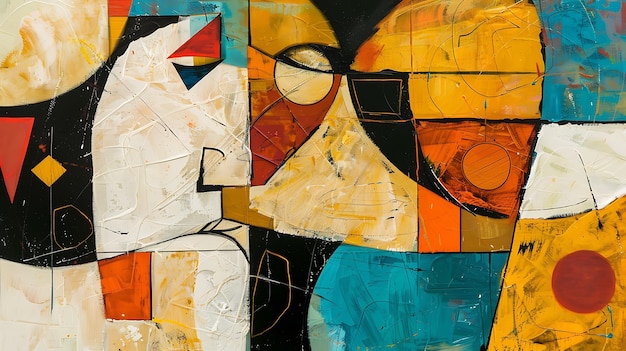 Helderkleurige abstracte schilderij met een verscheidenheid aan vormen en texturen