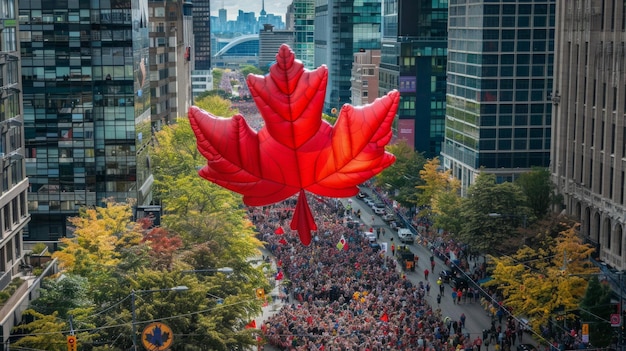 Helderrode esdoornbladballon in de Victoria Day Parade