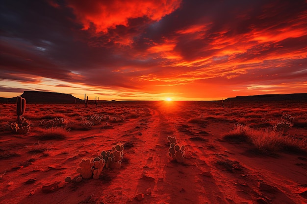 Helderrode levendige zonsondergang over de zandwoestijn en kleine cactussen in het woestenij