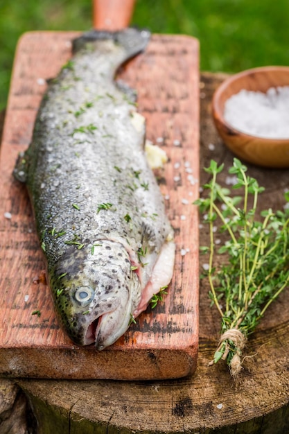 Hele forel met tijm en zout om te grillen