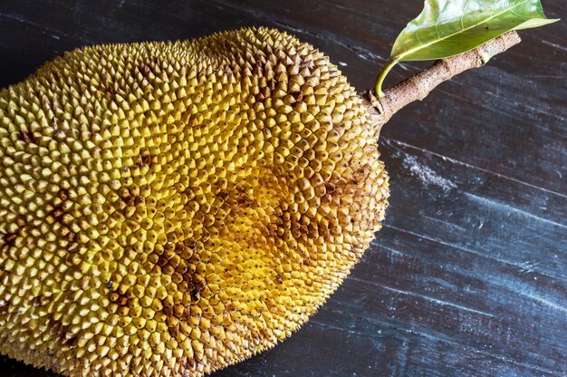 Hele jackfruit op een donkere tafel