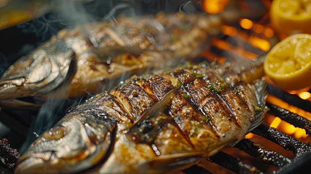 Hele vis gebakken koken op grill olie pan Banner achtergrondontwerp