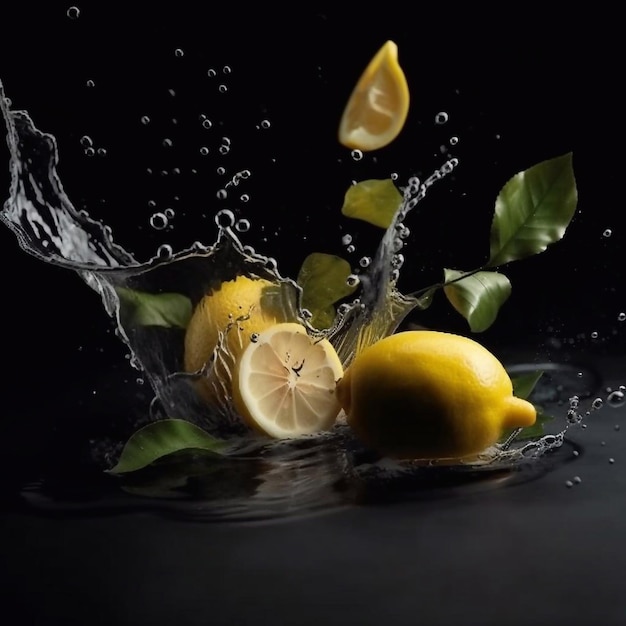 Helften citroenen en citroenbladeren in spatten water Generatieve AI