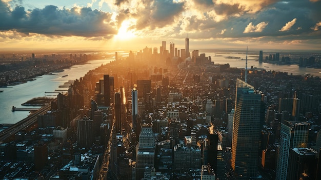 ヘリコプターから見た街のスカイライン 摩天楼 都市風景 やかな活動 創造的なAI