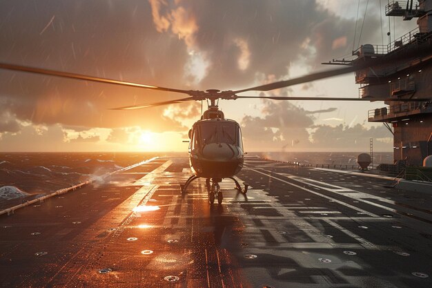 a helicopter on the deck of a ship with the sun behind it