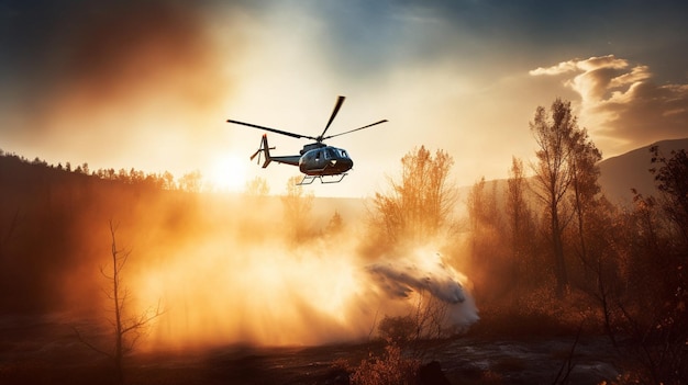 Helicopter drops water on wildfire in rugged terrain backlit by a setting sun filtered through smoke
