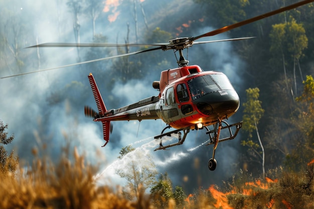 Photo helicopter extinguishes forest fire with water bucket