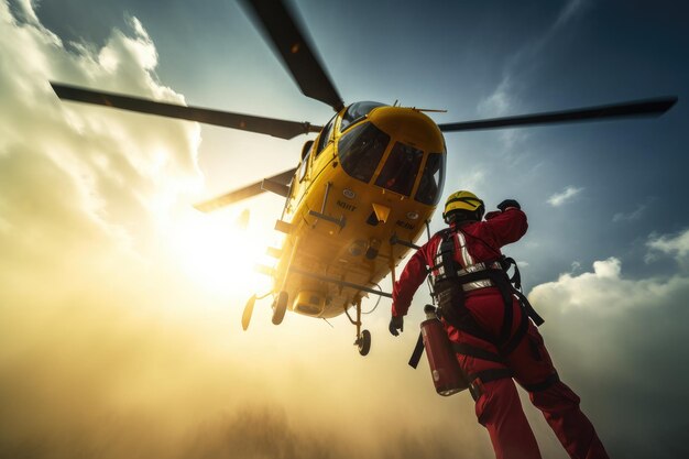 Photo helicopter and fireman against sky background emergency rescue service