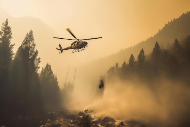 A helicopter flies over a forest fire with a person on the back.