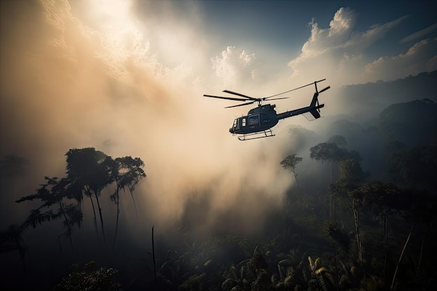 Helicopter flies over jungle with smoke billowing from the burning forest