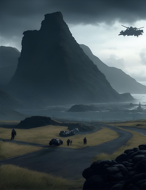 Photo a helicopter flies over a mountain and generate a death stranding scenario