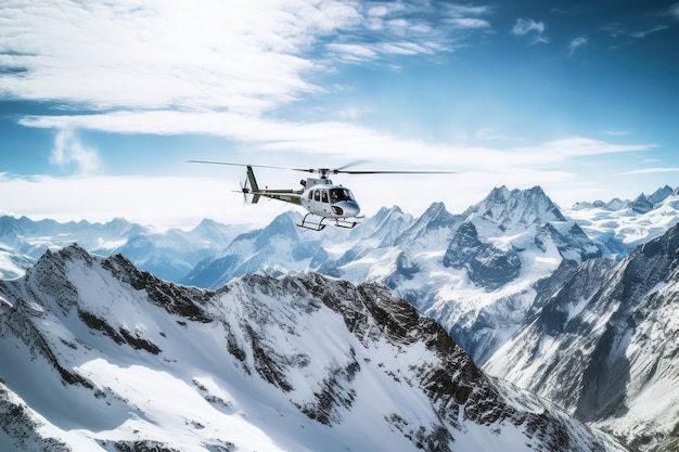 A helicopter flies over a snowy mountain range.