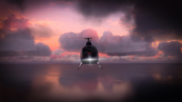 Helicopter flying over the amazing sunset