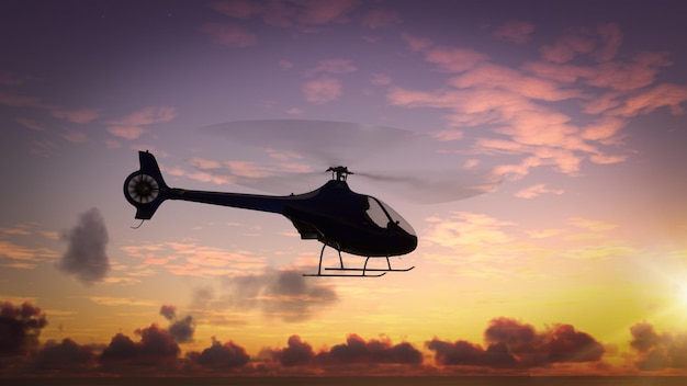 Helicopter flying over the amazing sunset