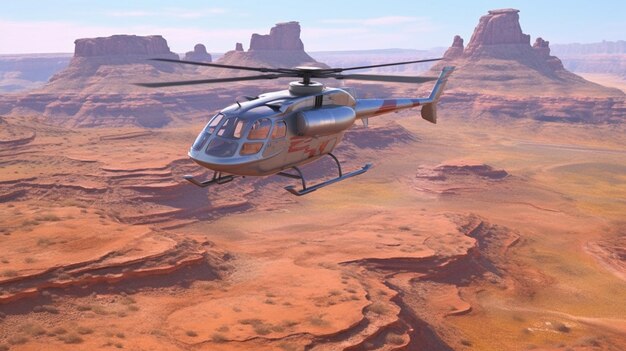 A helicopter flying over the canyons in the desert.