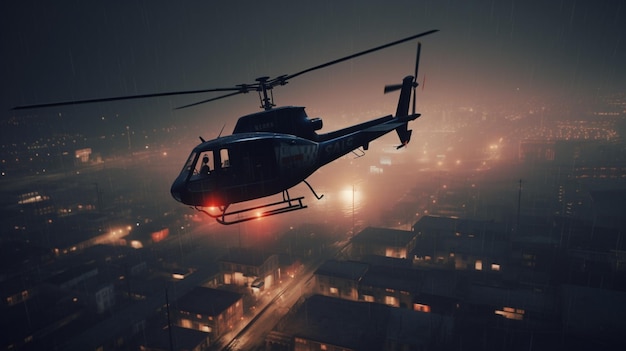 Helicopter flying over a city at night with the lights on.