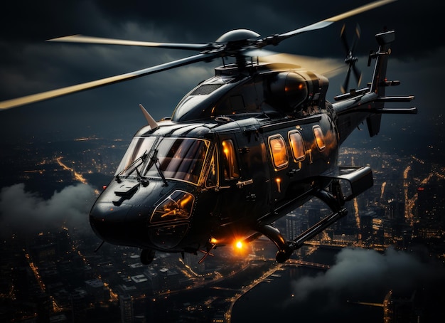 Helicopter flying over a city at night