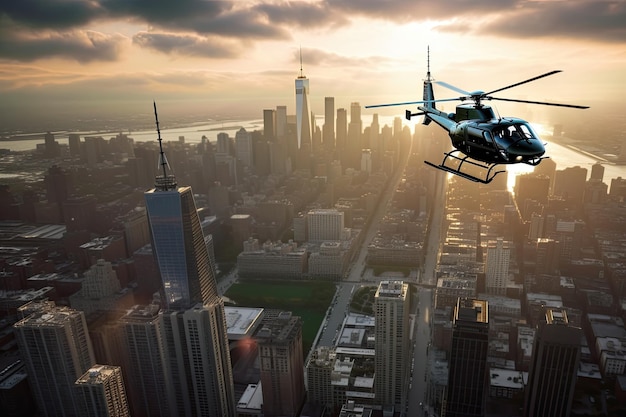 Helicopter flying over city with view of skyscrapers and bridges created with generative ai