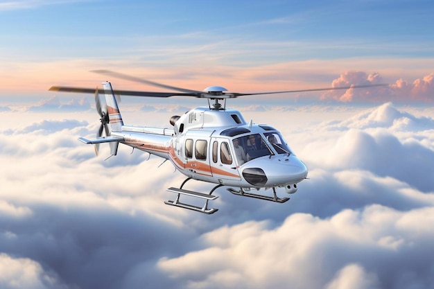 a helicopter flying above the clouds in the sky