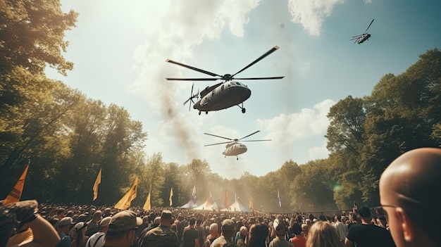 Helicopter Flying Over Crowded Gathering of People Memorial day