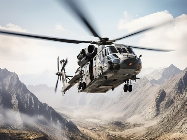 ヘリコプターが山脈の上空を飛ぶ AIが生成した
