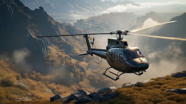 ヘリコプターという文字が書かれた山の上を飛ぶヘリコプター