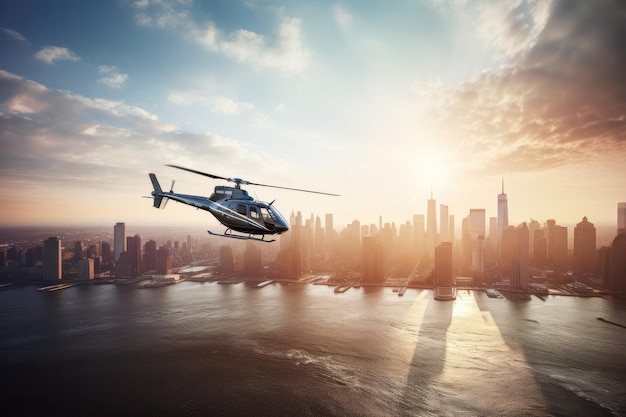 モーション ブラーを使用してニューヨーク市のスカイラインの隣を飛行するヘリコプター