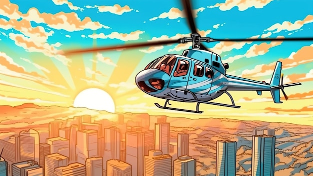 写真 都市のスカイラインを飛ぶヘリコプター ファンタジーコンセプト イラスト絵画