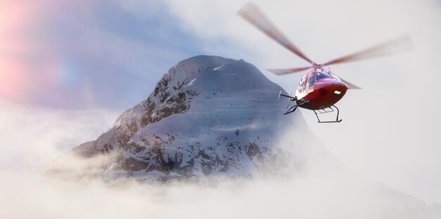 Helicopter flying over the Rocky Mountains during a colorful sunset