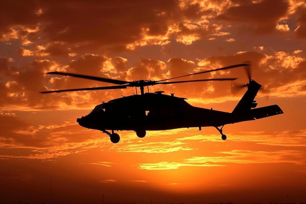 Photo a helicopter flying in the sky at sunset