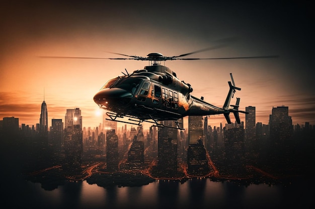 helicopter flying through the city sky at dusk