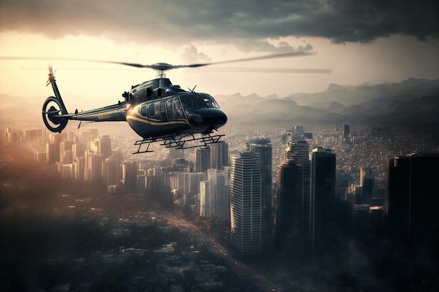 helicopter flying through the city sky at dusk