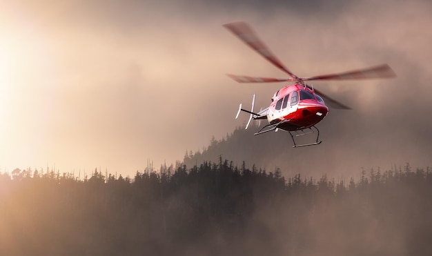 Helicopter flying over the west coast pacific ocean extreme adventure composite