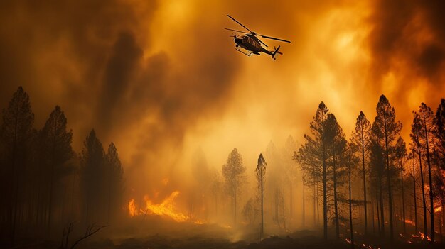 Helicopter in the forest during the fire