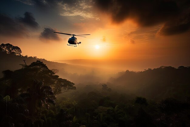 地平線に沈む夕日を眺めながら煙の出るジャングルの上をホバリングするヘリコプター