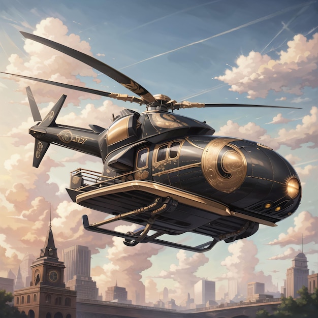 A helicopter is flying over a city with a city in the background.