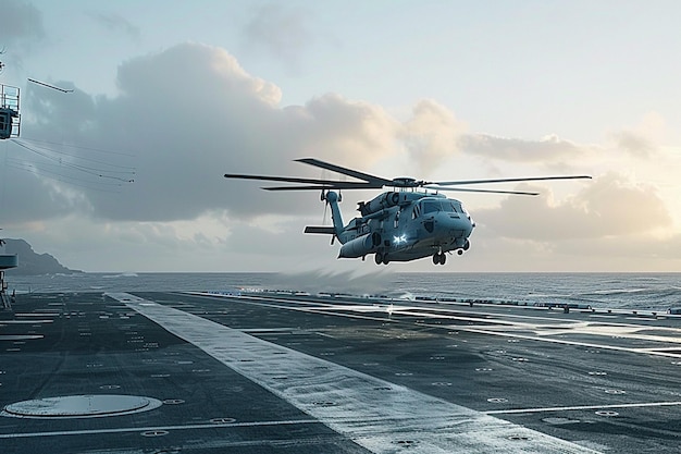 a helicopter is landing on the deck of an aircraft carrier