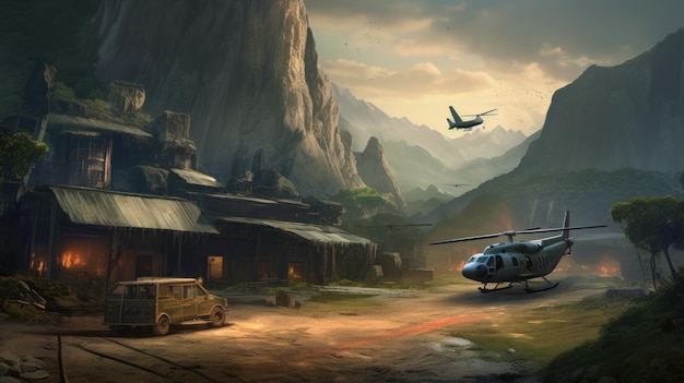 A helicopter is parked in front of a mountain and a mountain.