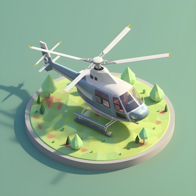 A helicopter is on a small island with trees on the top.