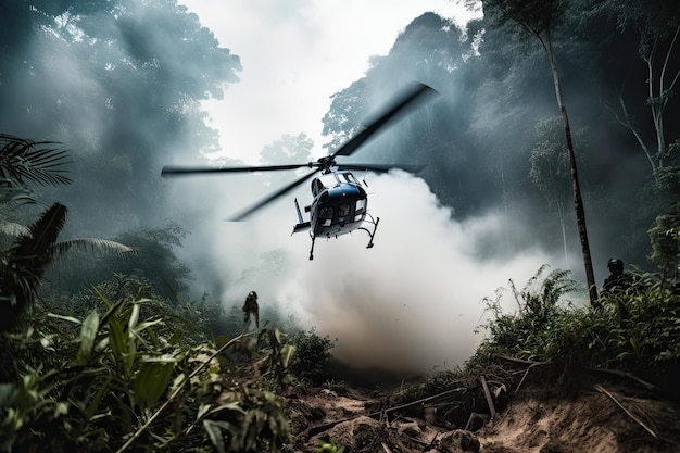 Вертолет приземляется в густых джунглях с дымом, вырывающимся из его двигателя, созданного с помощью генеративного ИИ