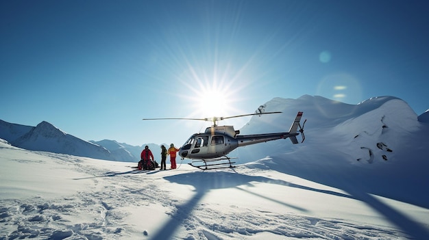 Helicopter pilots approach the snowcovered mountains Generative AI helicopter skiing in the highlands of Alaska