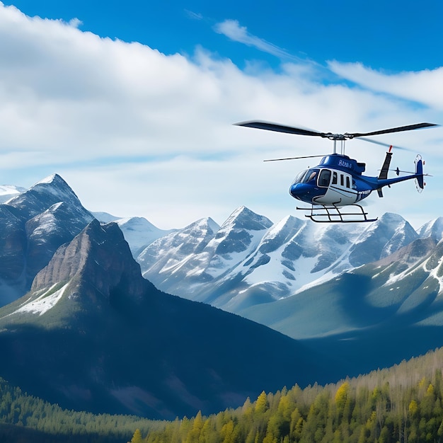 Helicopter propeller spinning flying mid air over blue mountain landscape