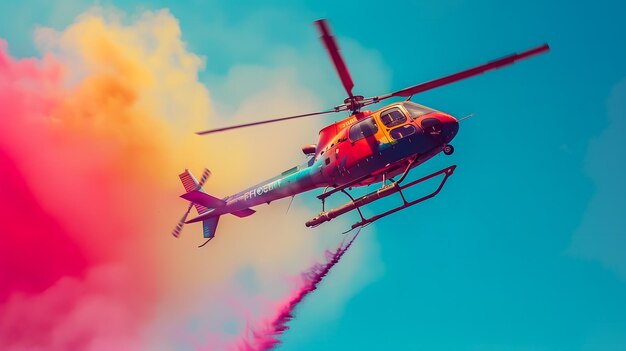 Helicopter in the sky spraying colorful holi paints around