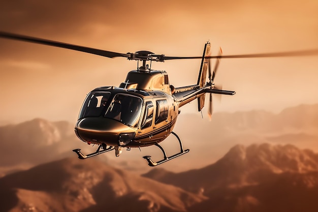 A helicopter in the sky with mountains in the background