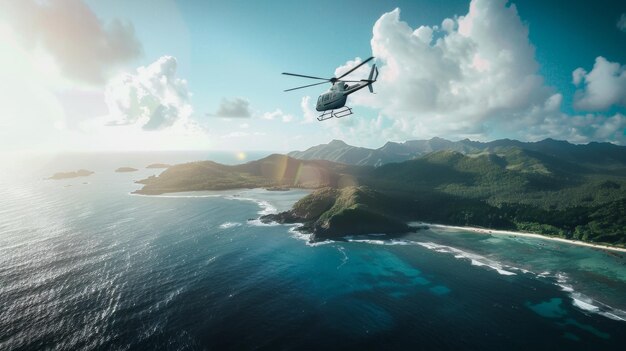 Helicopter soars over scenic tropical coastline at sunset