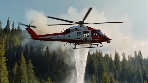 Photo a helicopter sprayed water on a forest fire